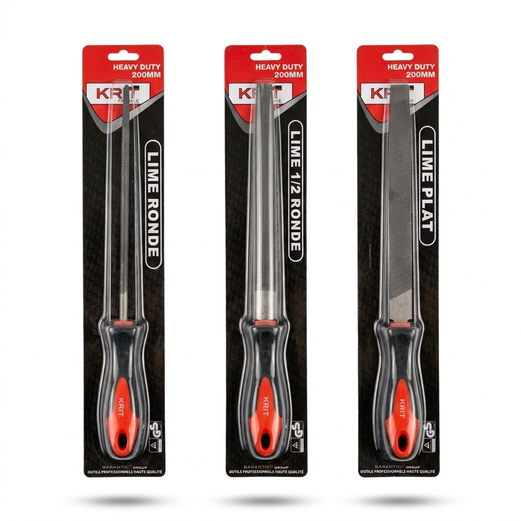 Lot de 3 Limes Professionnelles KRIT (200mm) - Ronde, 1/2 Ronde, Plate - Heavy Duty
