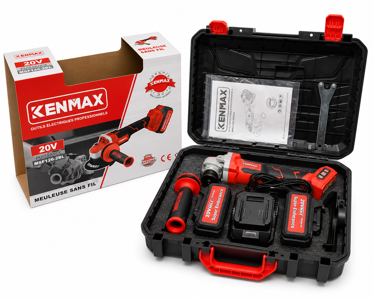 Meuleuse d’Angle Sans Fil KENMAX 20V – Outil Professionnel avec Batterie 4000mAh, Chargeur et Mallette