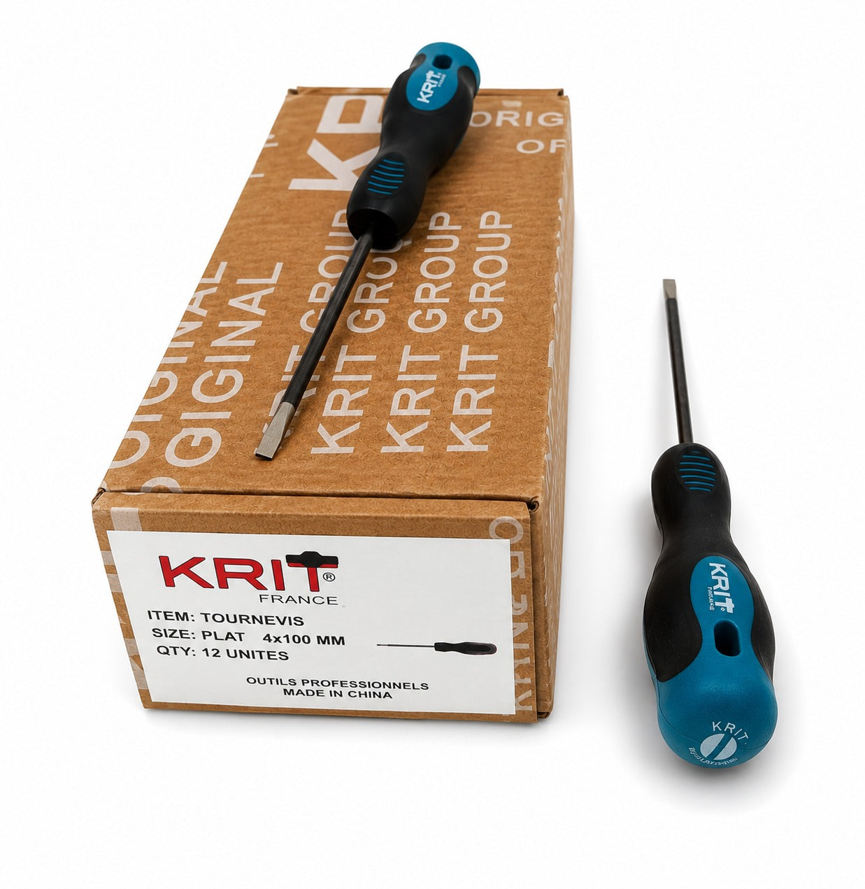 Tournevis Plat Professionnel KRIT France 4x100 mm – Boîte de 12 Unités