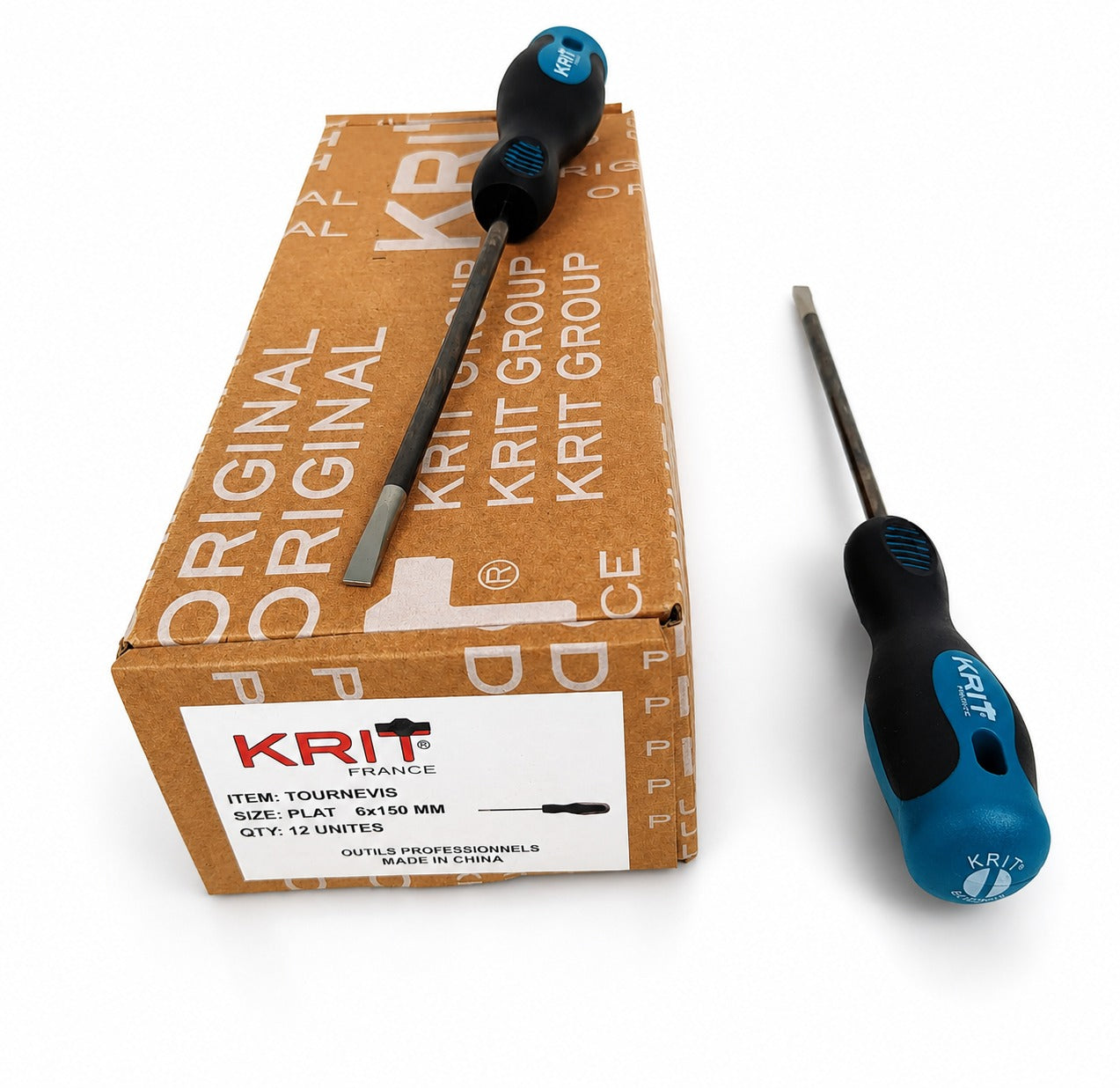 Tournevis Plat Professionnel KRIT France 6x150 mm – Boîte de 12 Unités