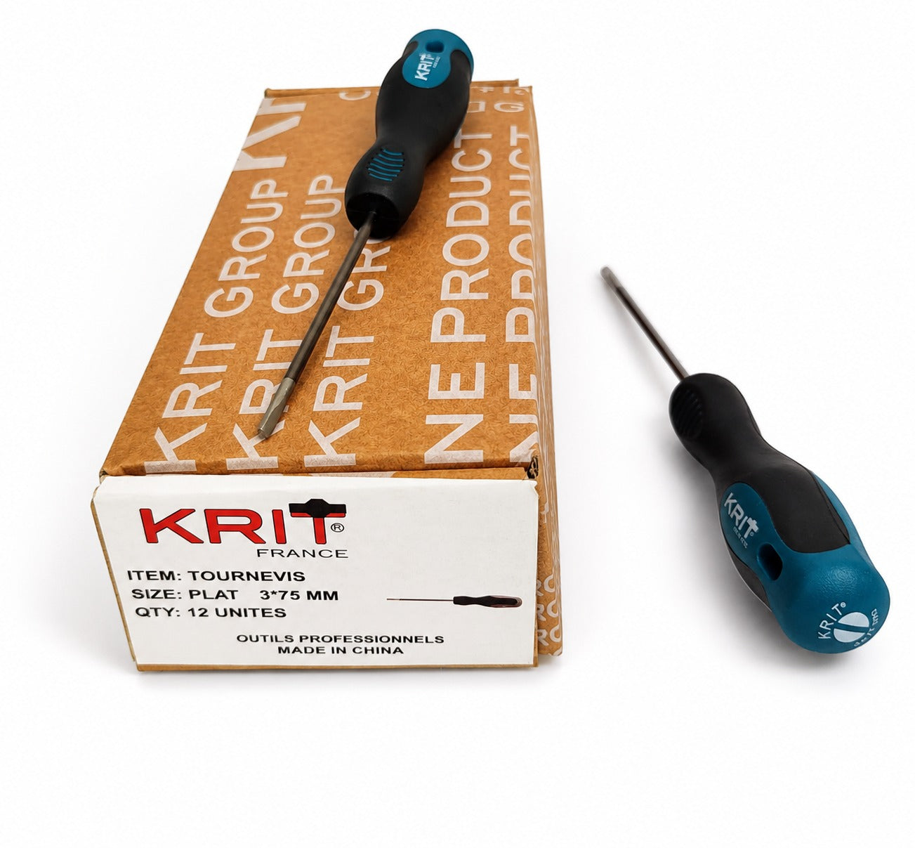 Tournevis Plat Professionnel KRIT France 3x75 mm – Boîte de 12 Unités