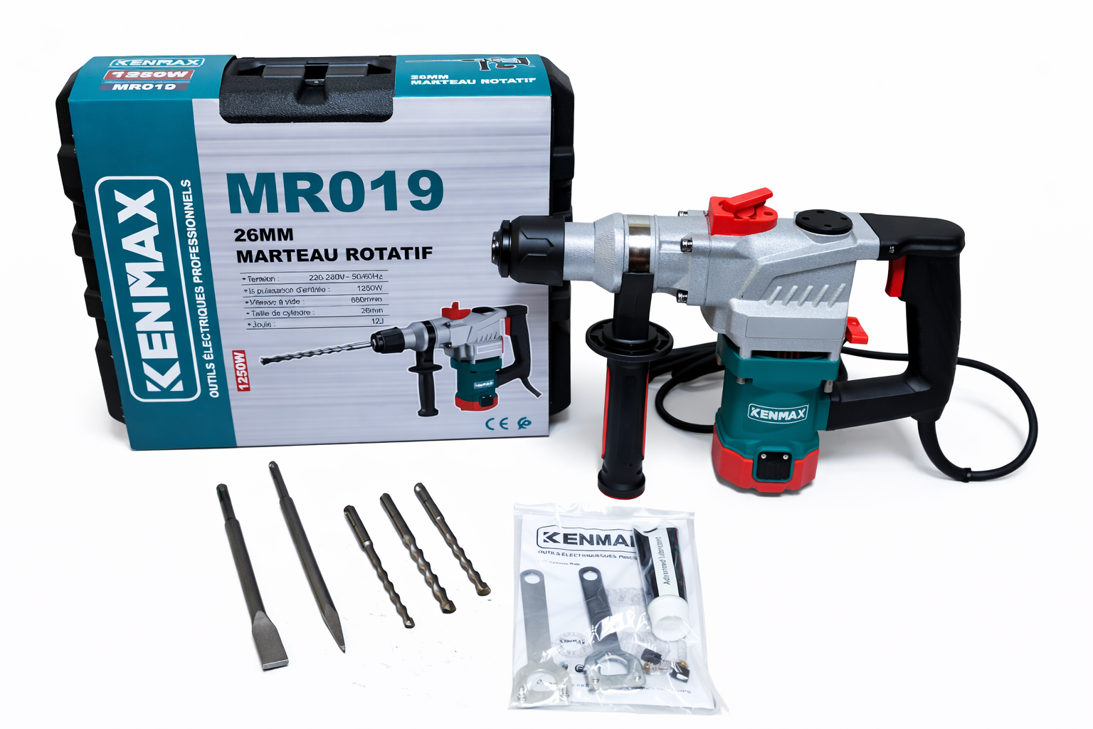 Marteau Rotatif KENMAX MR019 – 26mm 1250W Perforateur Professionnel avec Coffret & Accessoires